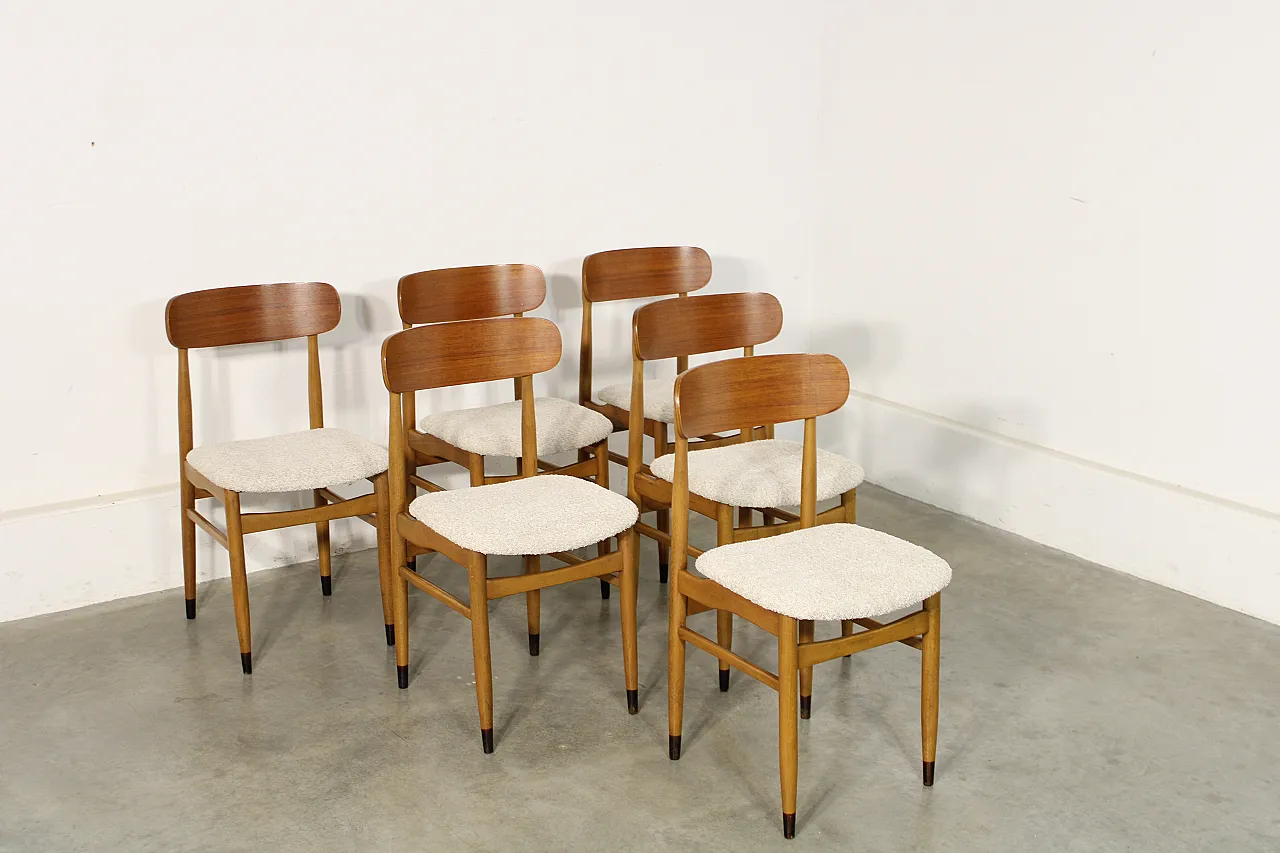 6 chairs in beech beige bouclé, 1960s 1