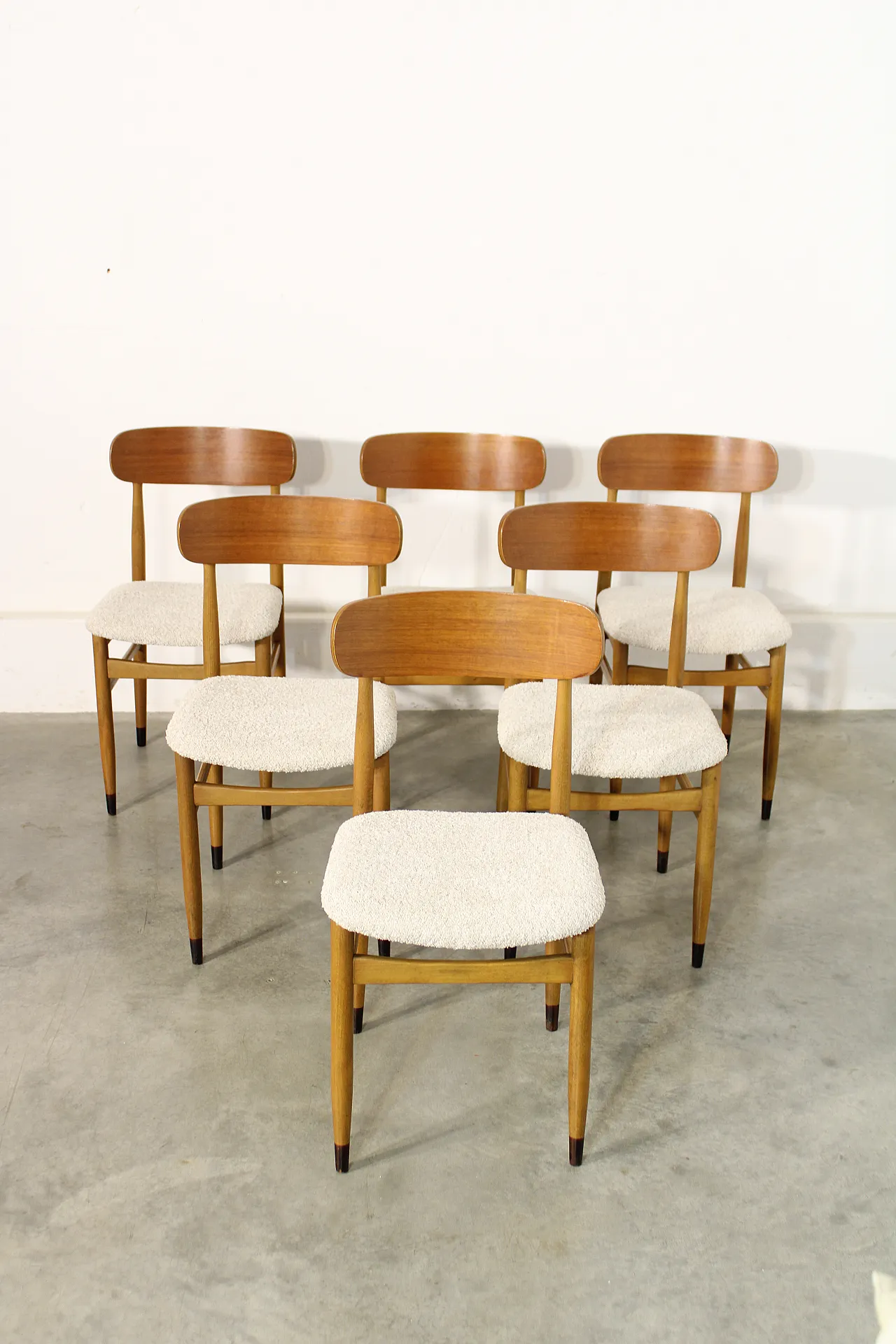 6 chairs in beech beige bouclé, 1960s 2