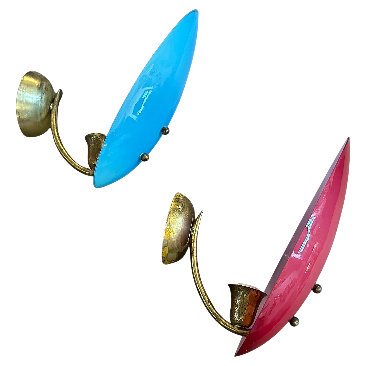 Pair of wall sconces in brass and opaline glass, 1950s 13