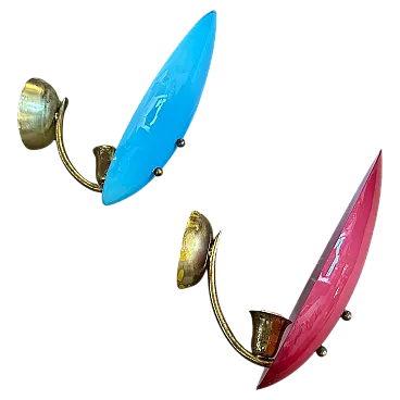 Pair of wall sconces in brass and opaline glass, 1950s