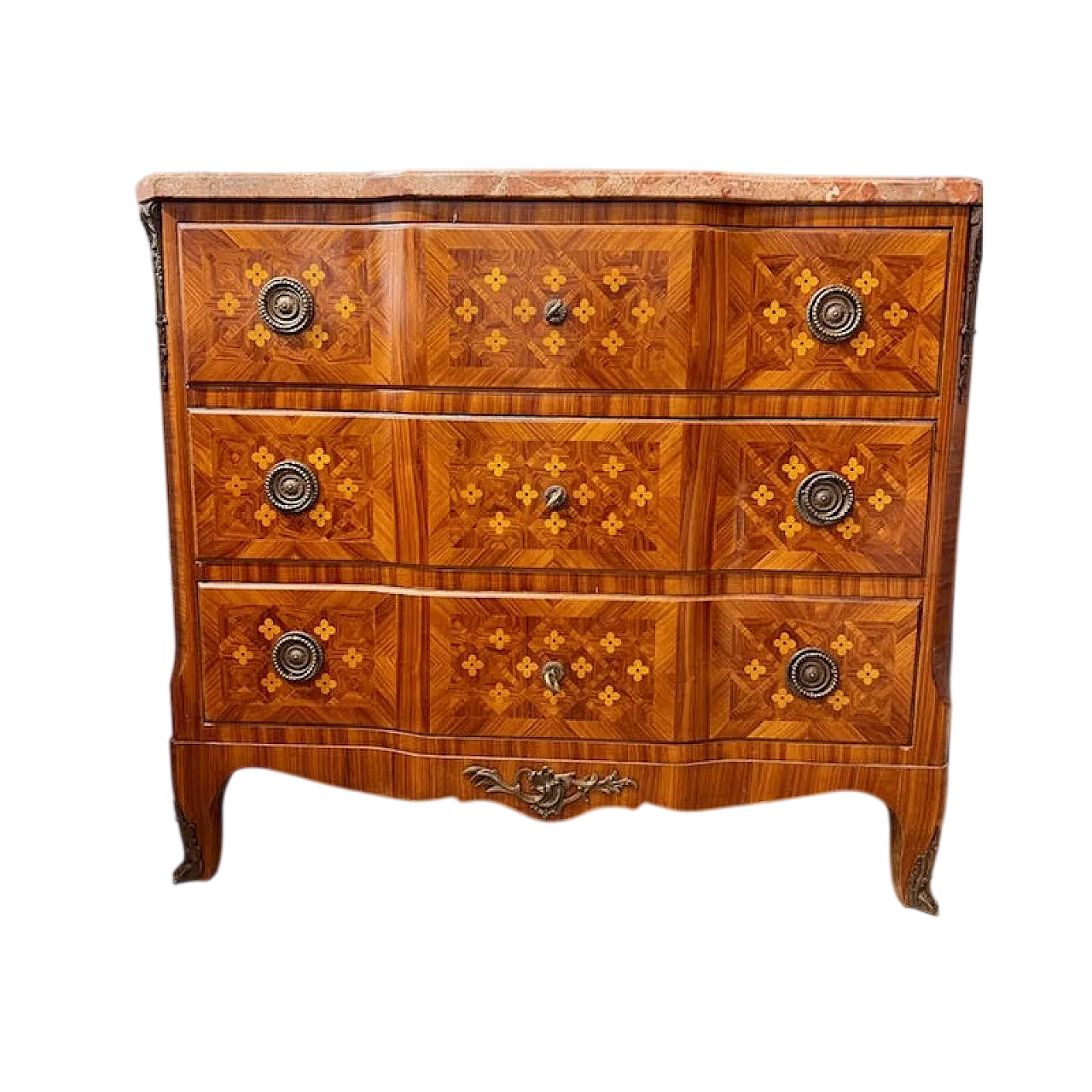 Cassettone placcato in varie essenze con intarsi a quadrifoglio, '700 13