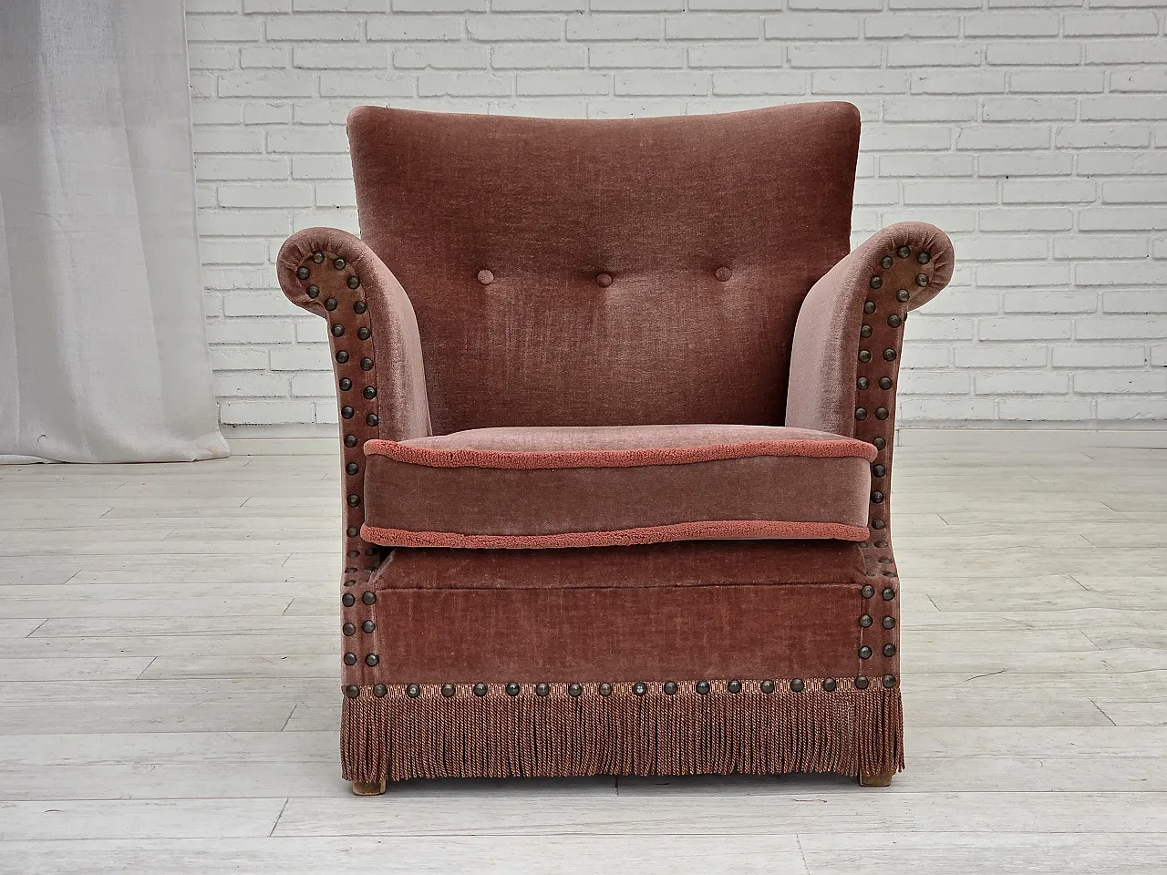 Danish armchair, salmon pink velour, beech wood, 1970s 2