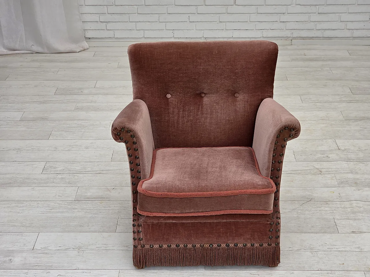 Danish armchair, salmon pink velour, beech wood, 1970s 3