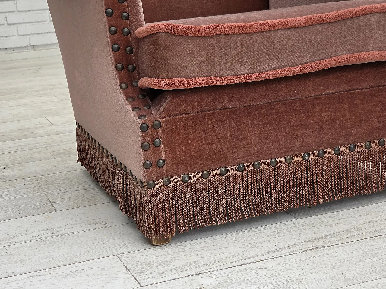 Danish armchair, salmon pink velour, beech wood, 1970s 5