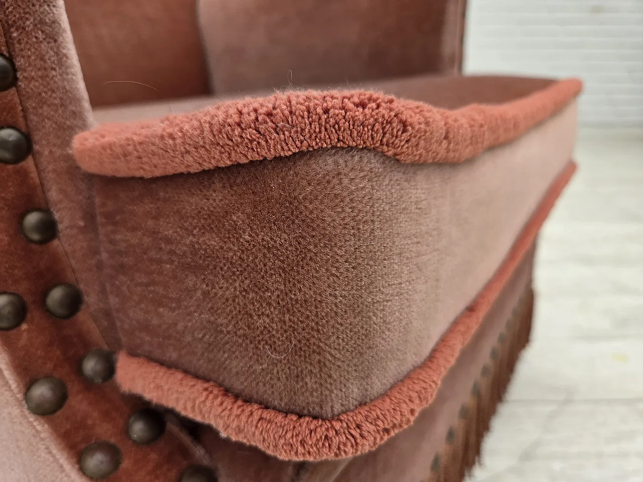 Danish armchair, salmon pink velour, beech wood, 1970s 9