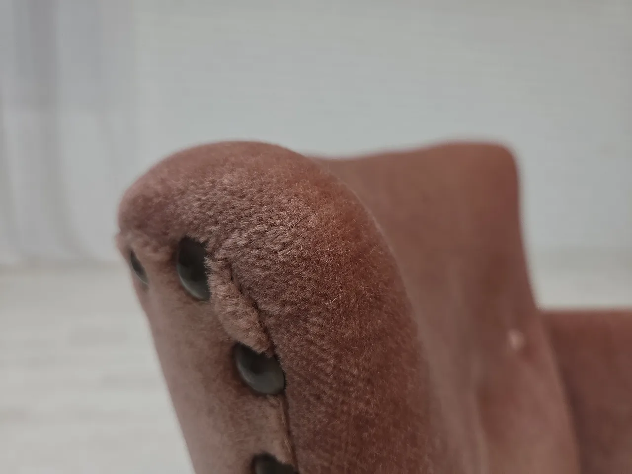 Danish armchair, salmon pink velour, beech wood, 1970s 10