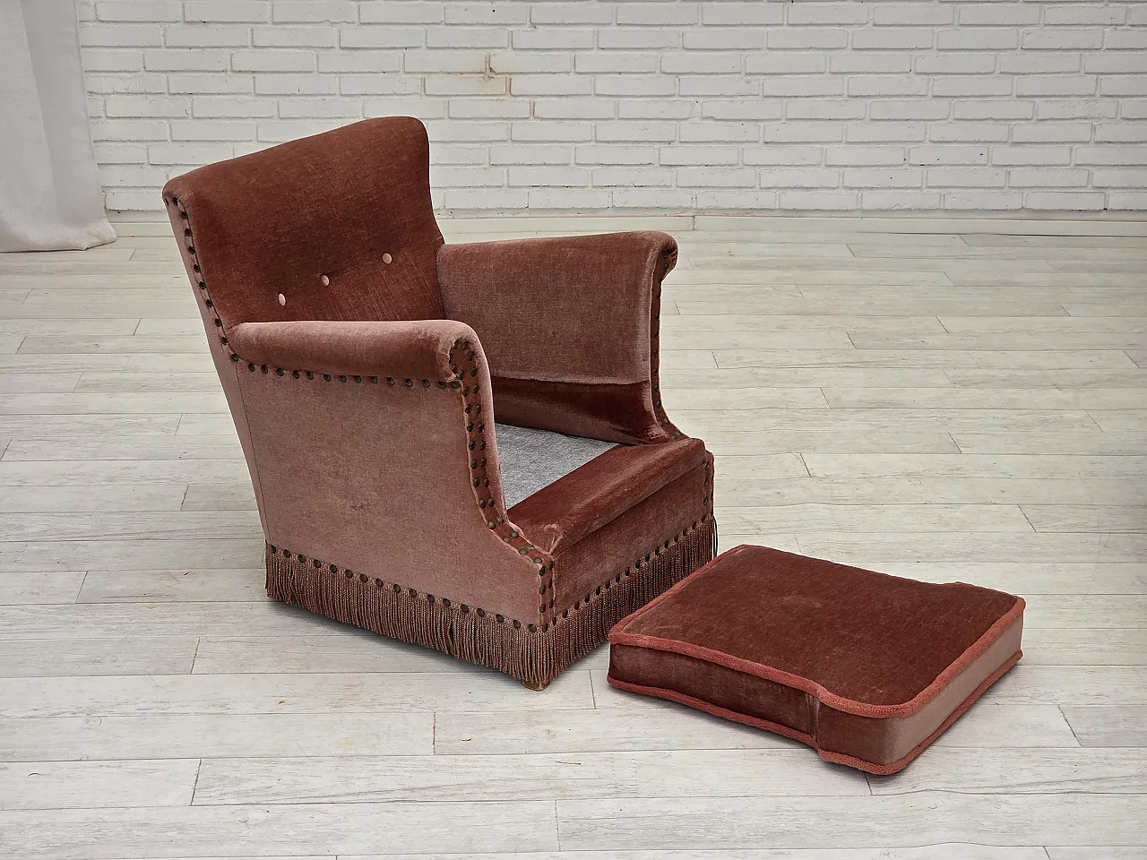 Danish armchair, salmon pink velour, beech wood, 1970s 11
