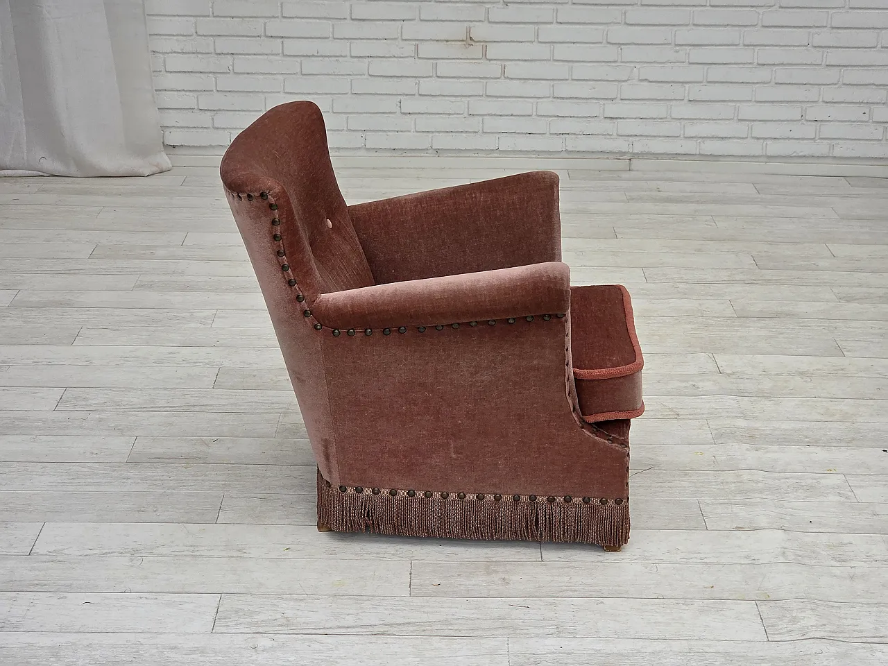 Danish armchair, salmon pink velour, beech wood, 1970s 12