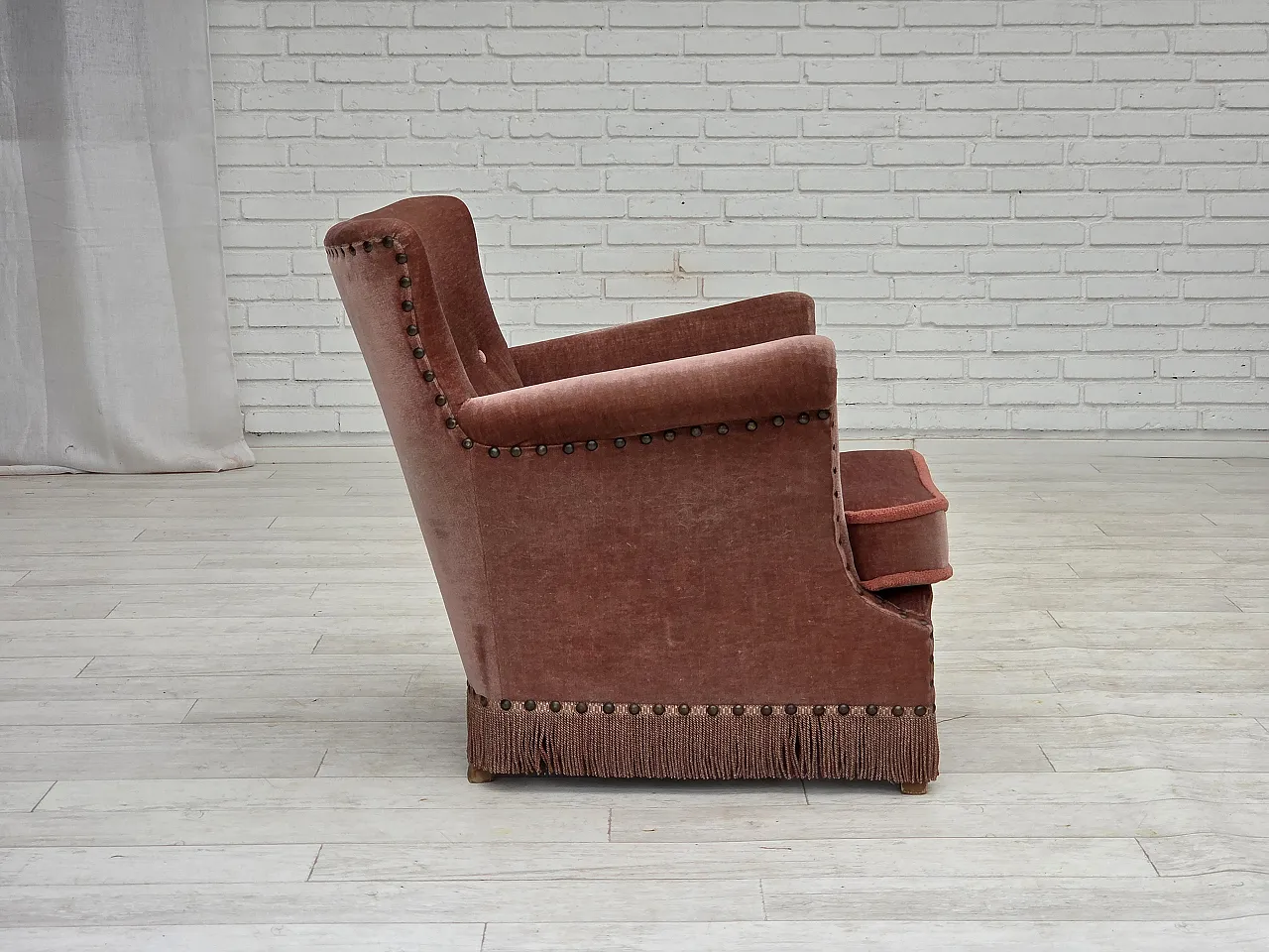 Danish armchair, salmon pink velour, beech wood, 1970s 13