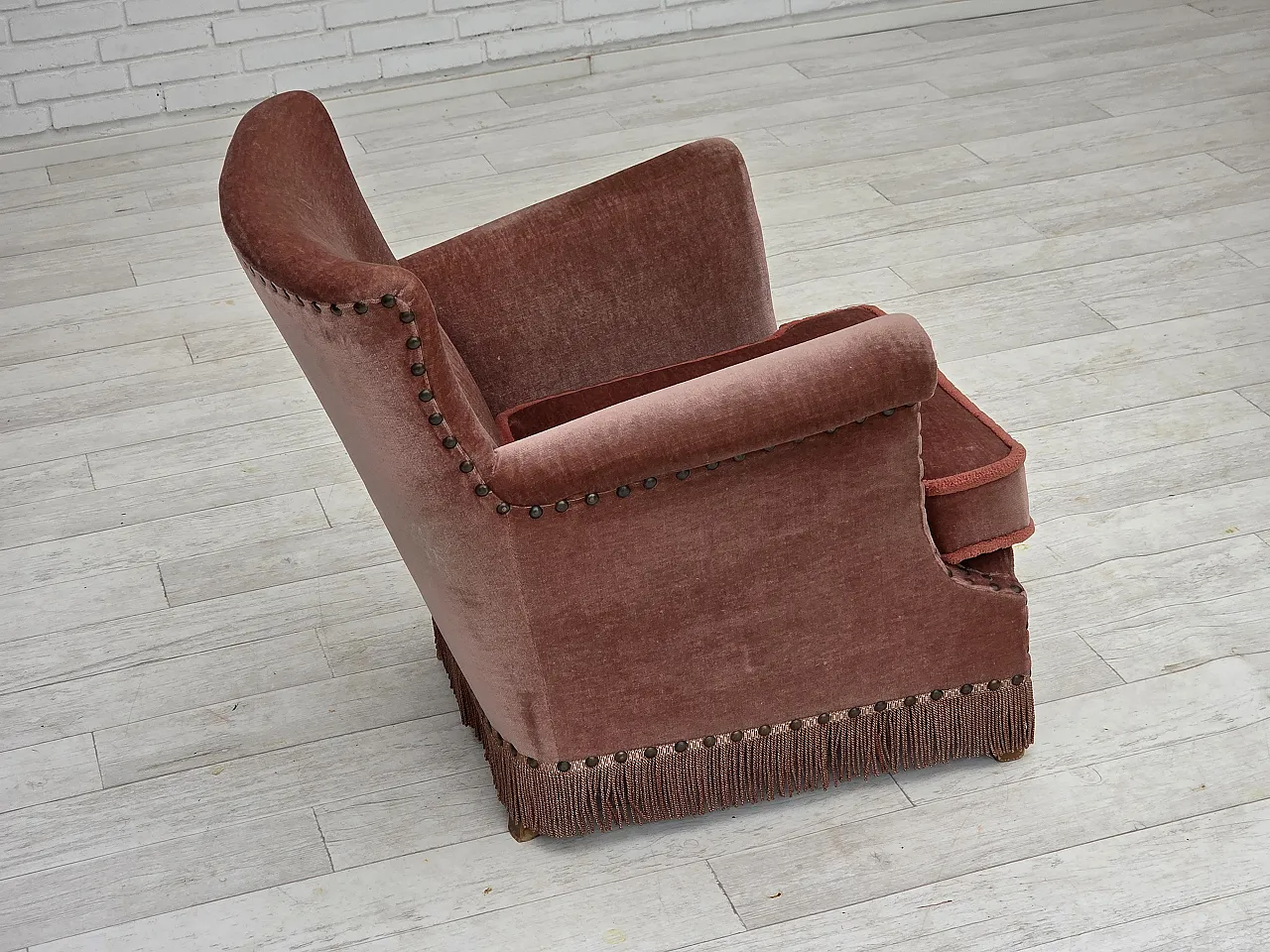 Danish armchair, salmon pink velour, beech wood, 1970s 14