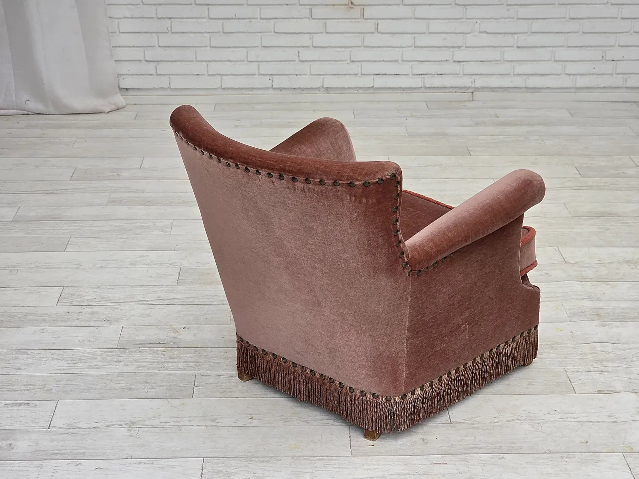 Danish armchair, salmon pink velour, beech wood, 1970s 15