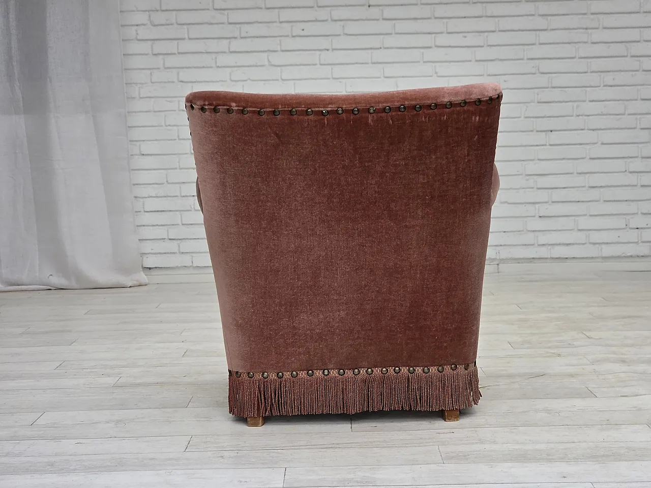 Danish armchair, salmon pink velour, beech wood, 1970s 18