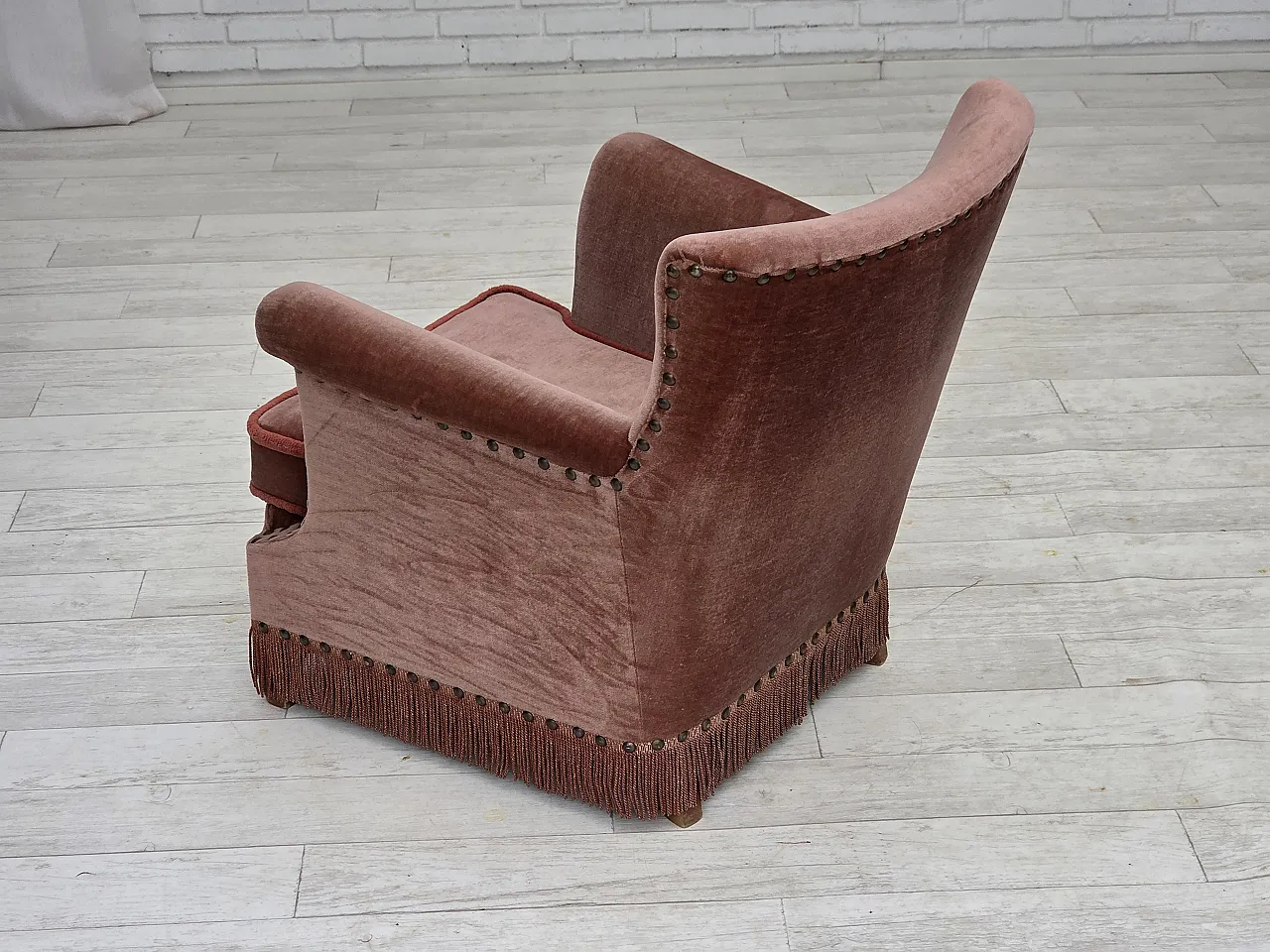 Danish armchair, salmon pink velour, beech wood, 1970s 19