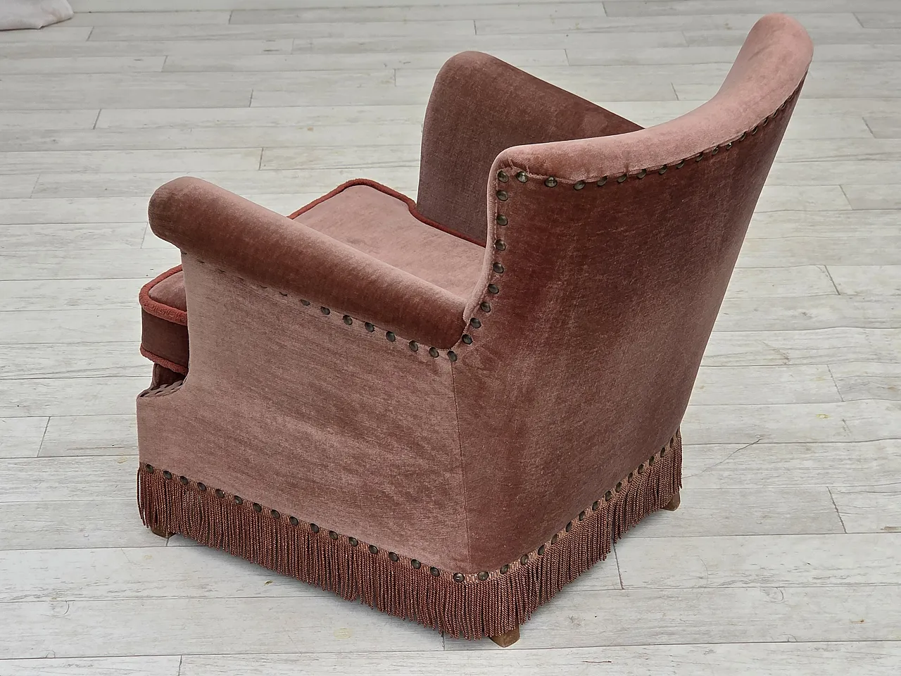 Danish armchair, salmon pink velour, beech wood, 1970s 20