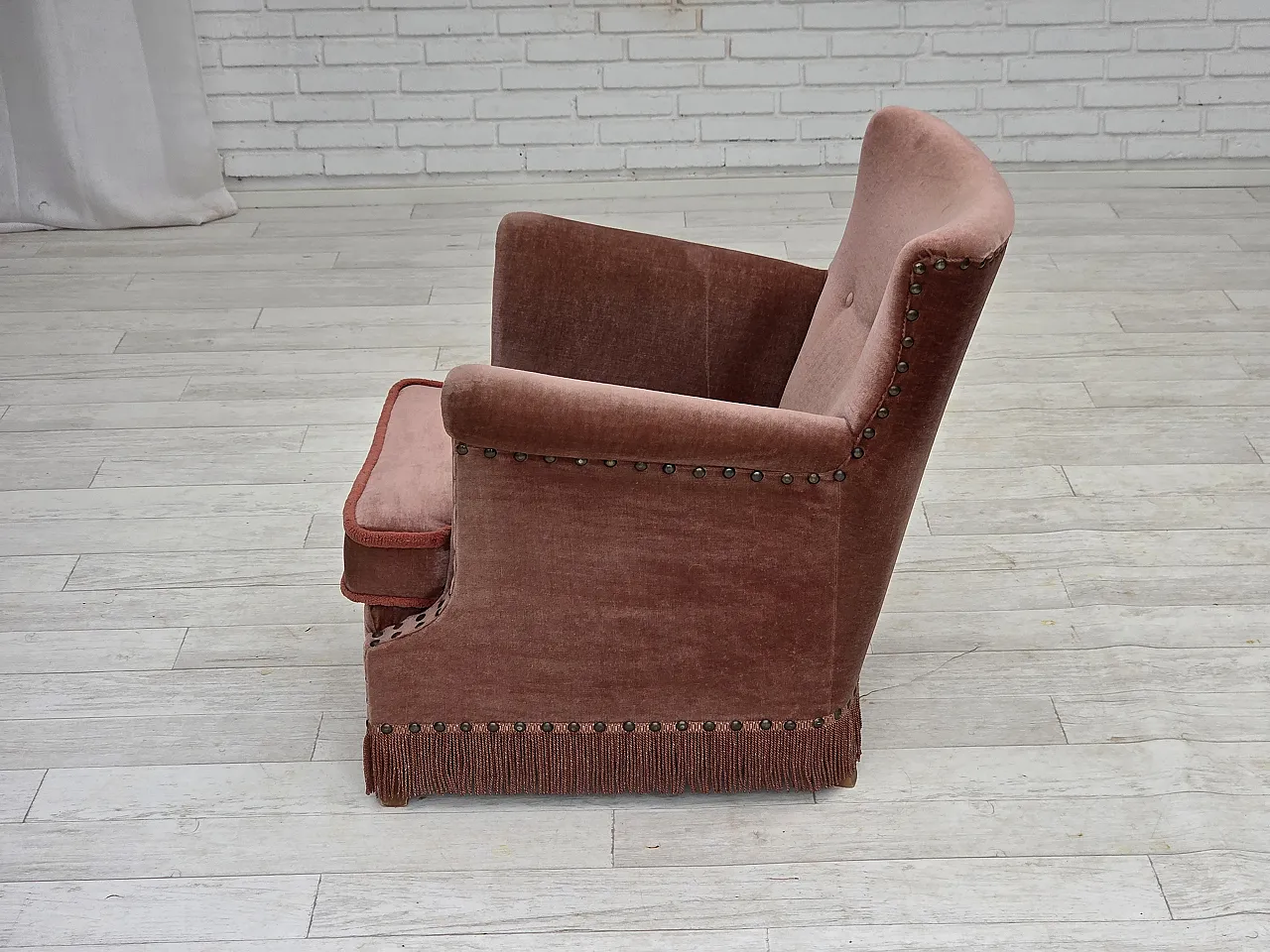 Danish armchair, salmon pink velour, beech wood, 1970s 21