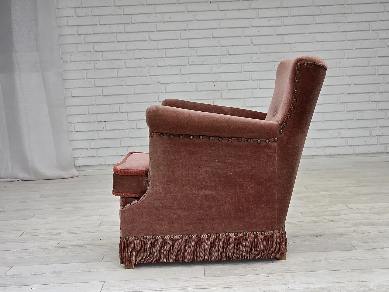 Danish armchair, salmon pink velour, beech wood, 1970s 22
