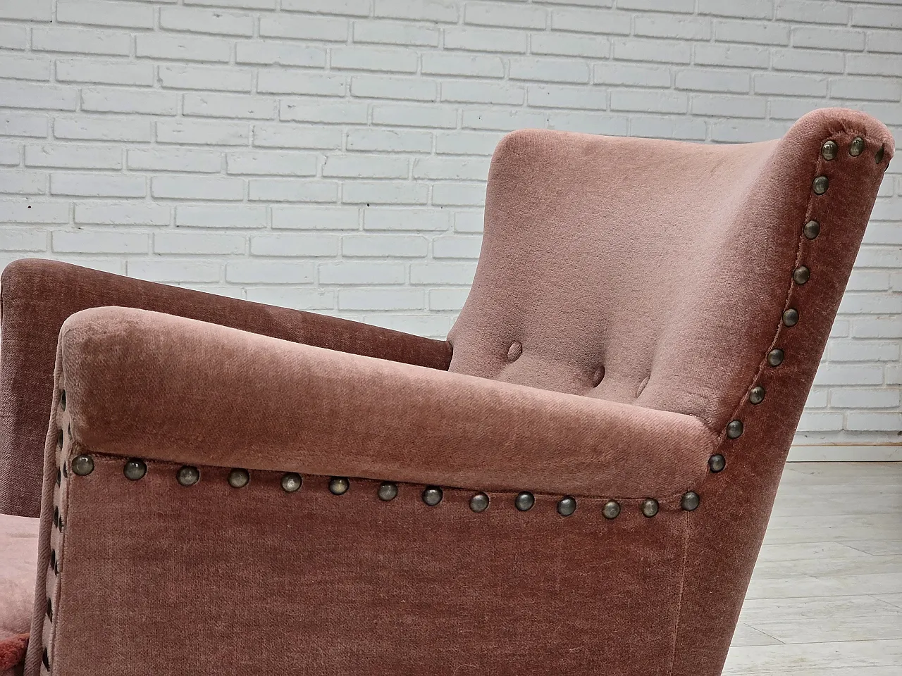 Danish armchair, salmon pink velour, beech wood, 1970s 23