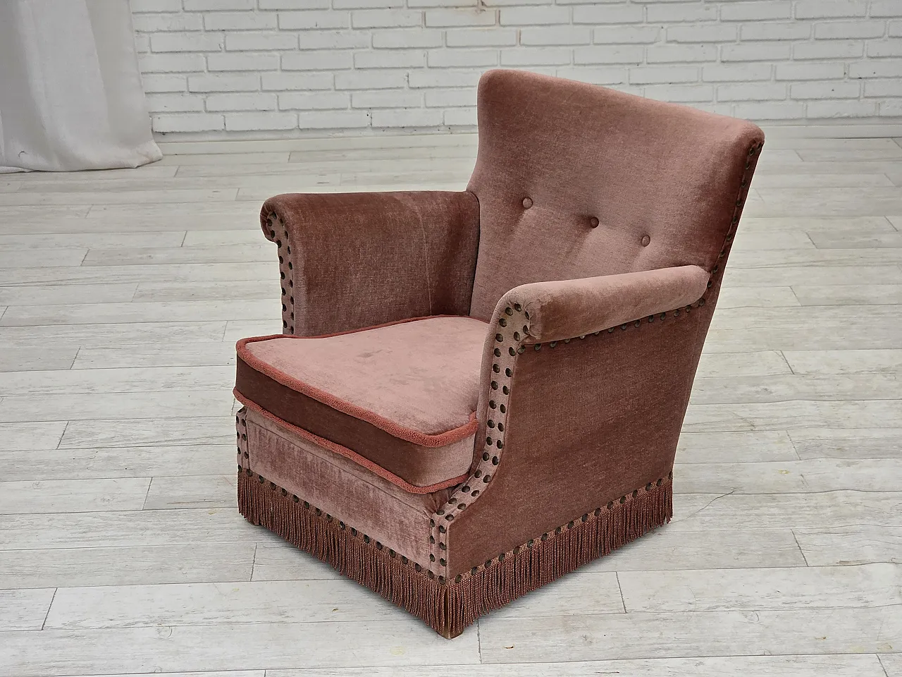 Danish armchair, salmon pink velour, beech wood, 1970s 24