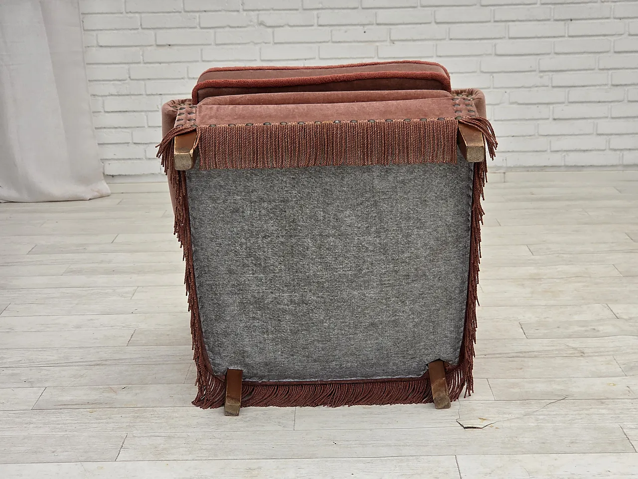 Danish armchair, salmon pink velour, beech wood, 1970s 25