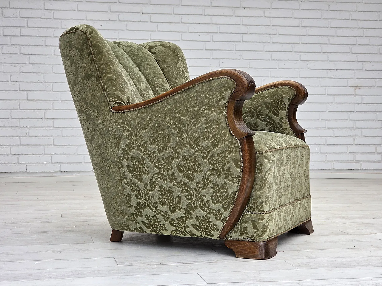 Danish armchair, green velour and oak, 60s 2