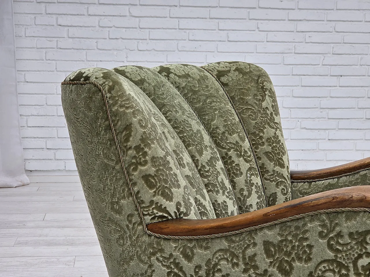 Danish armchair, green velour and oak, 60s 3