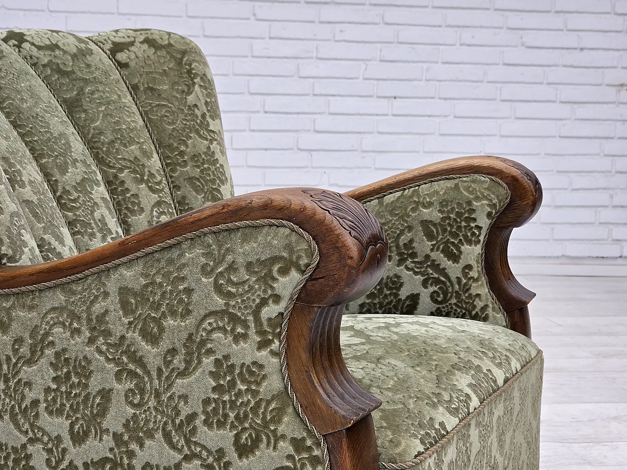 Danish armchair, green velour and oak, 60s 4