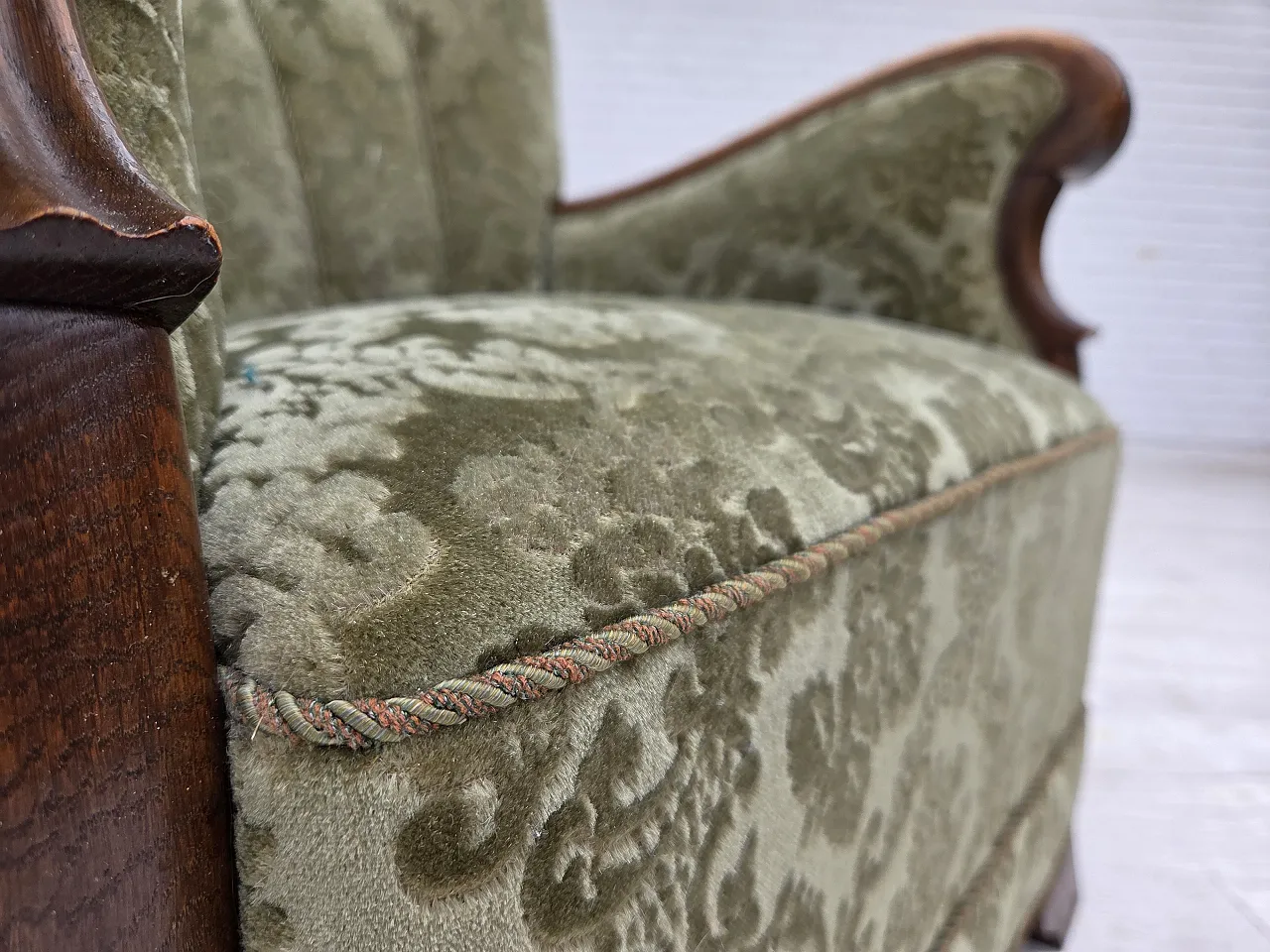 Danish armchair, green velour and oak, 60s 5