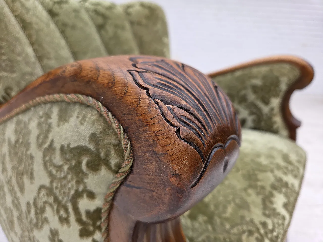 Danish armchair, green velour and oak, 60s 6