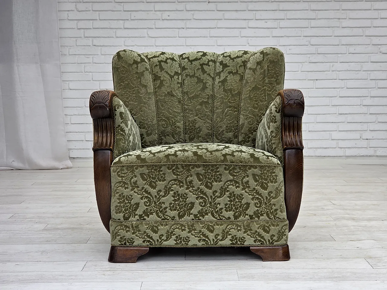 Danish armchair, green velour and oak, 60s 7