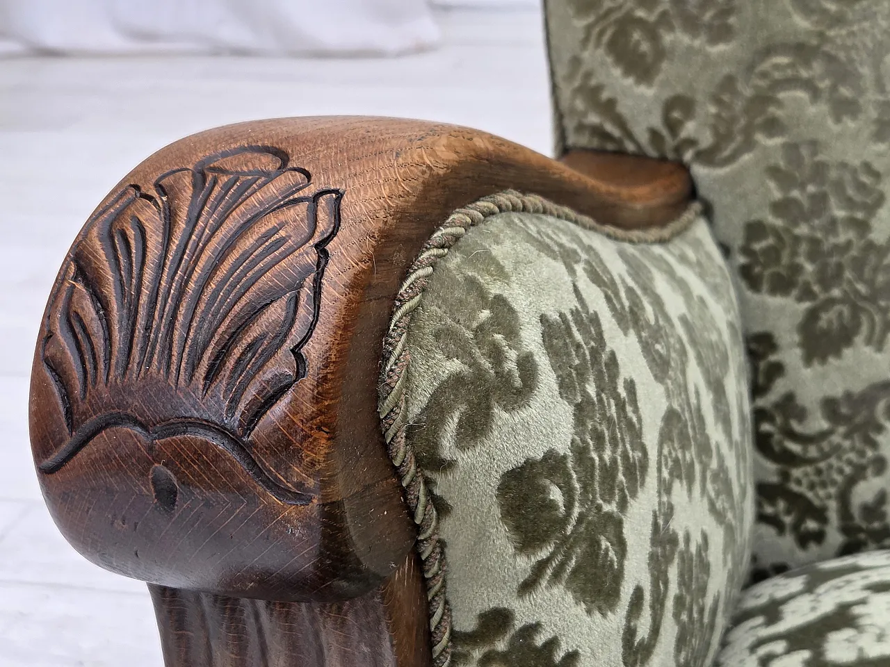 Danish armchair, green velour and oak, 60s 8