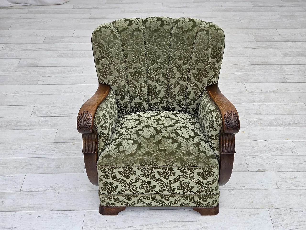 Danish armchair, green velour and oak, 60s 9