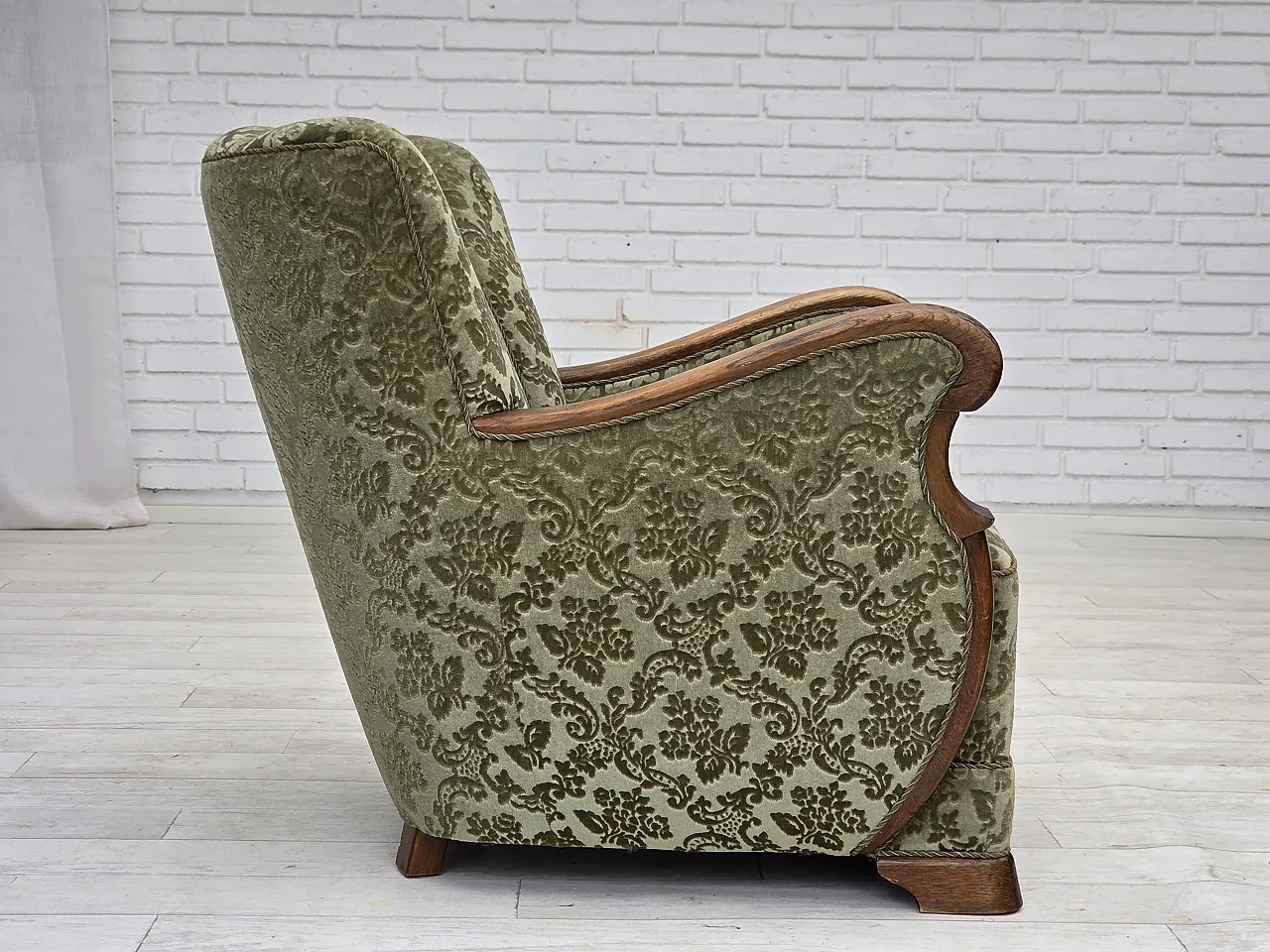 Danish armchair, green velour and oak, 60s 10