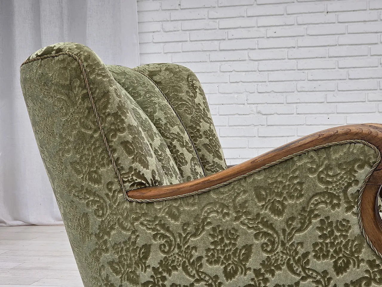Danish armchair, green velour and oak, 60s 11