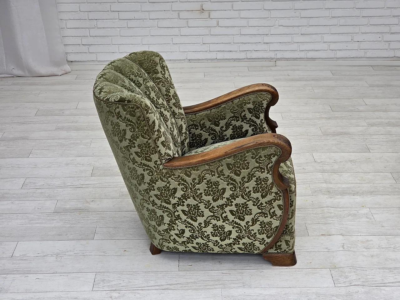 Danish armchair, green velour and oak, 60s 12