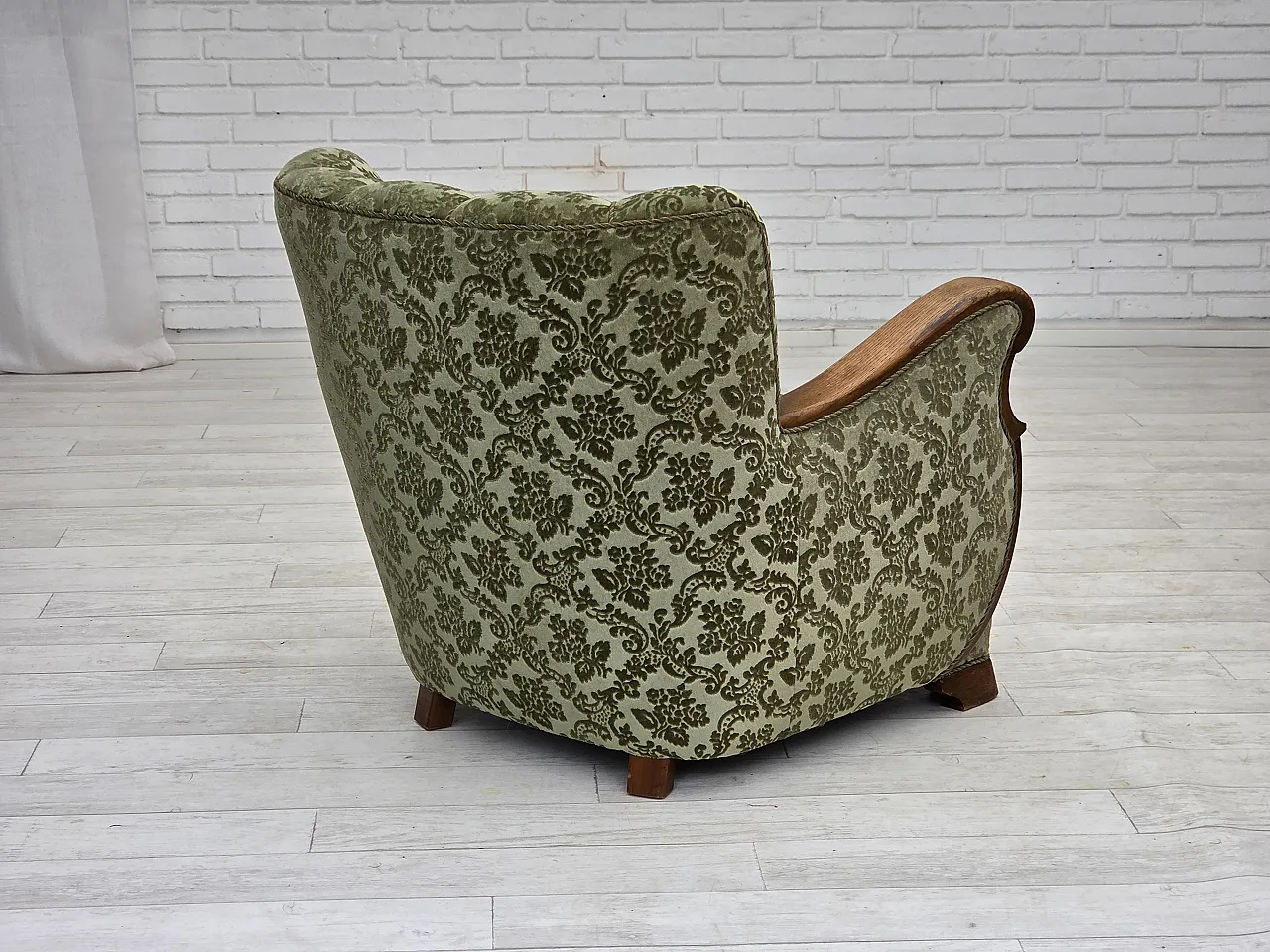 Danish armchair, green velour and oak, 60s 13