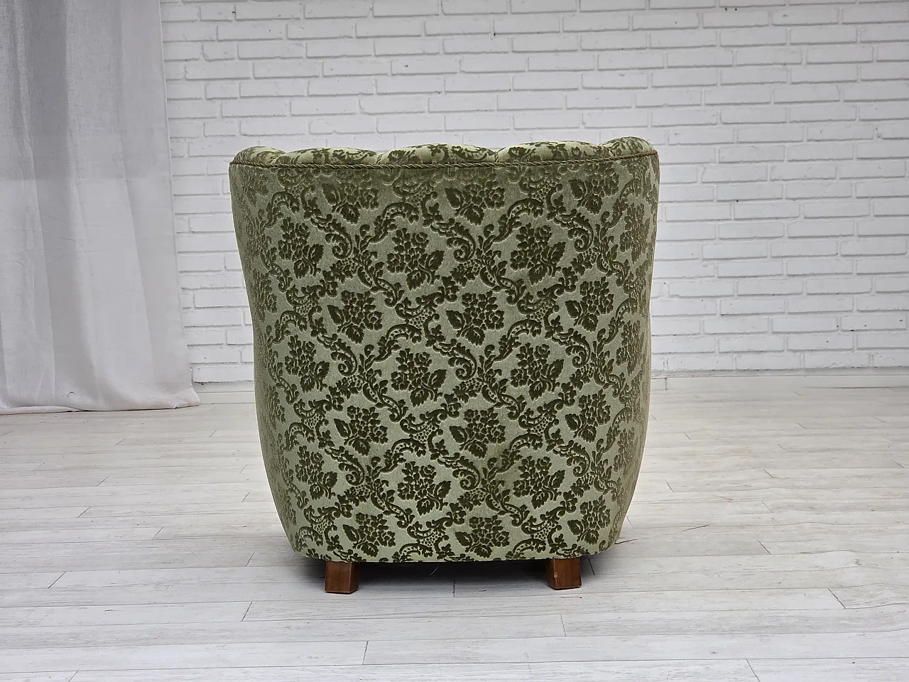 Danish armchair, green velour and oak, 60s 14