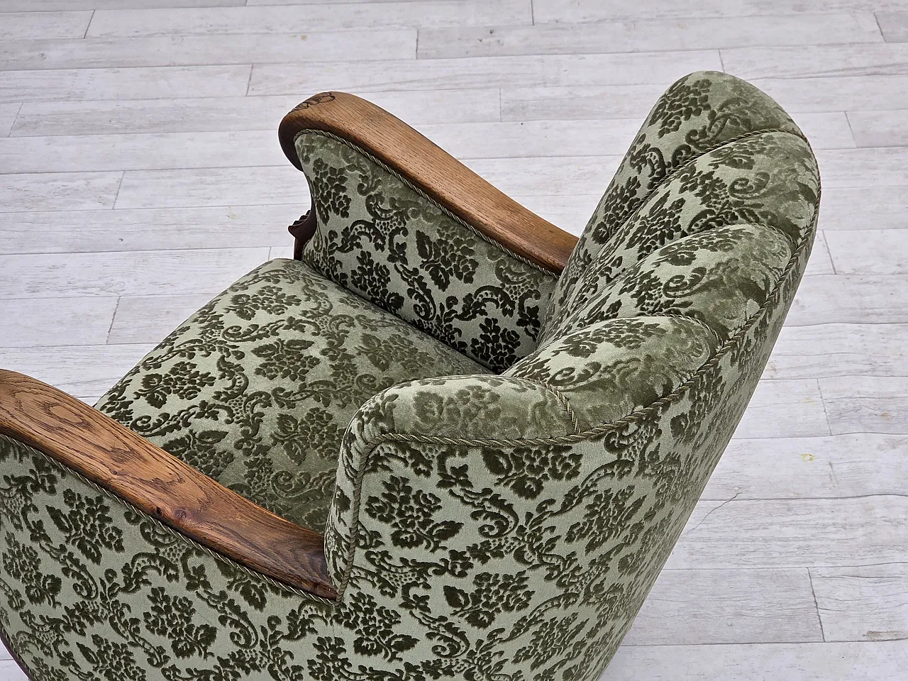 Danish armchair, green velour and oak, 60s 15