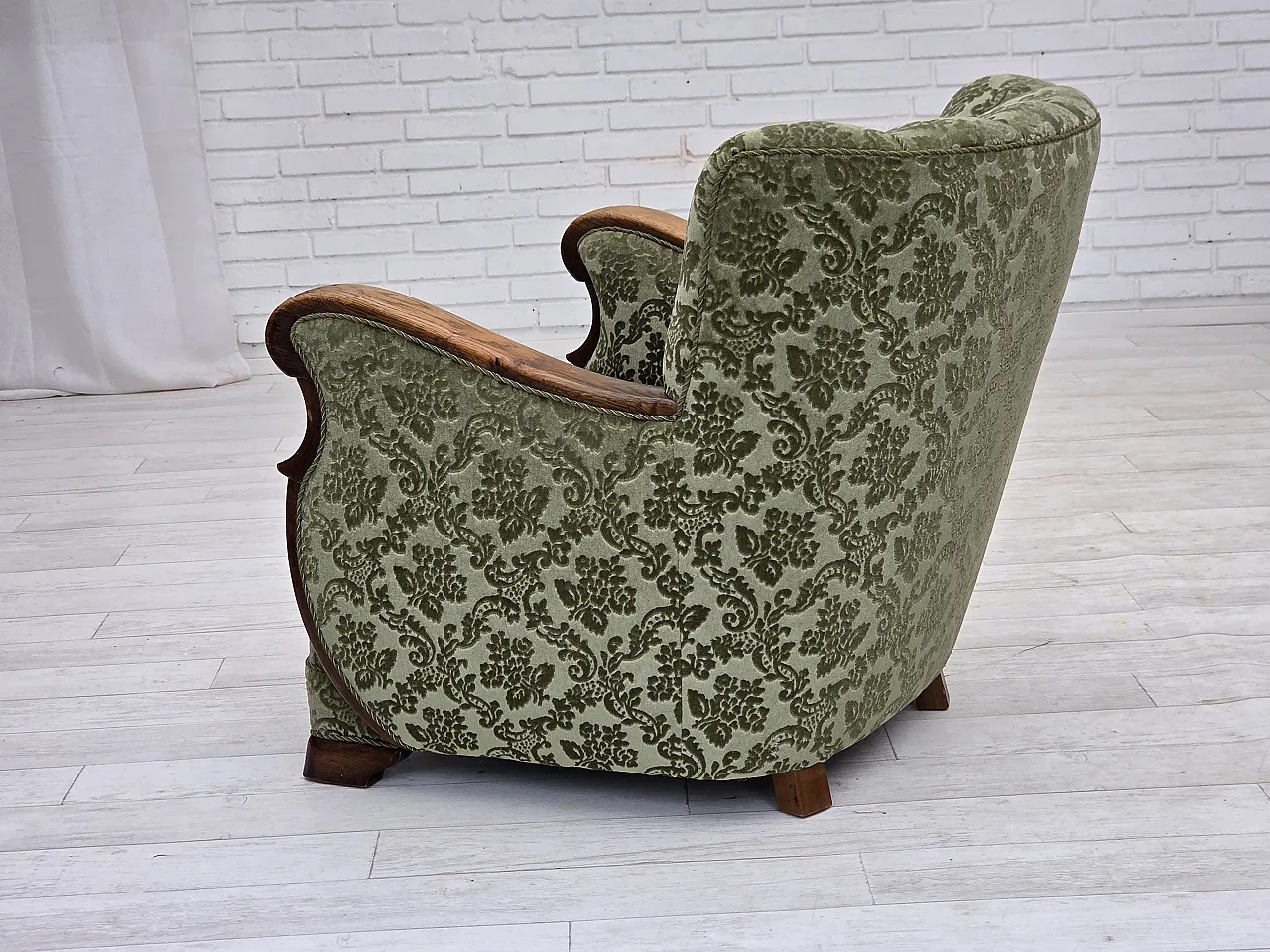 Danish armchair, green velour and oak, 60s 16