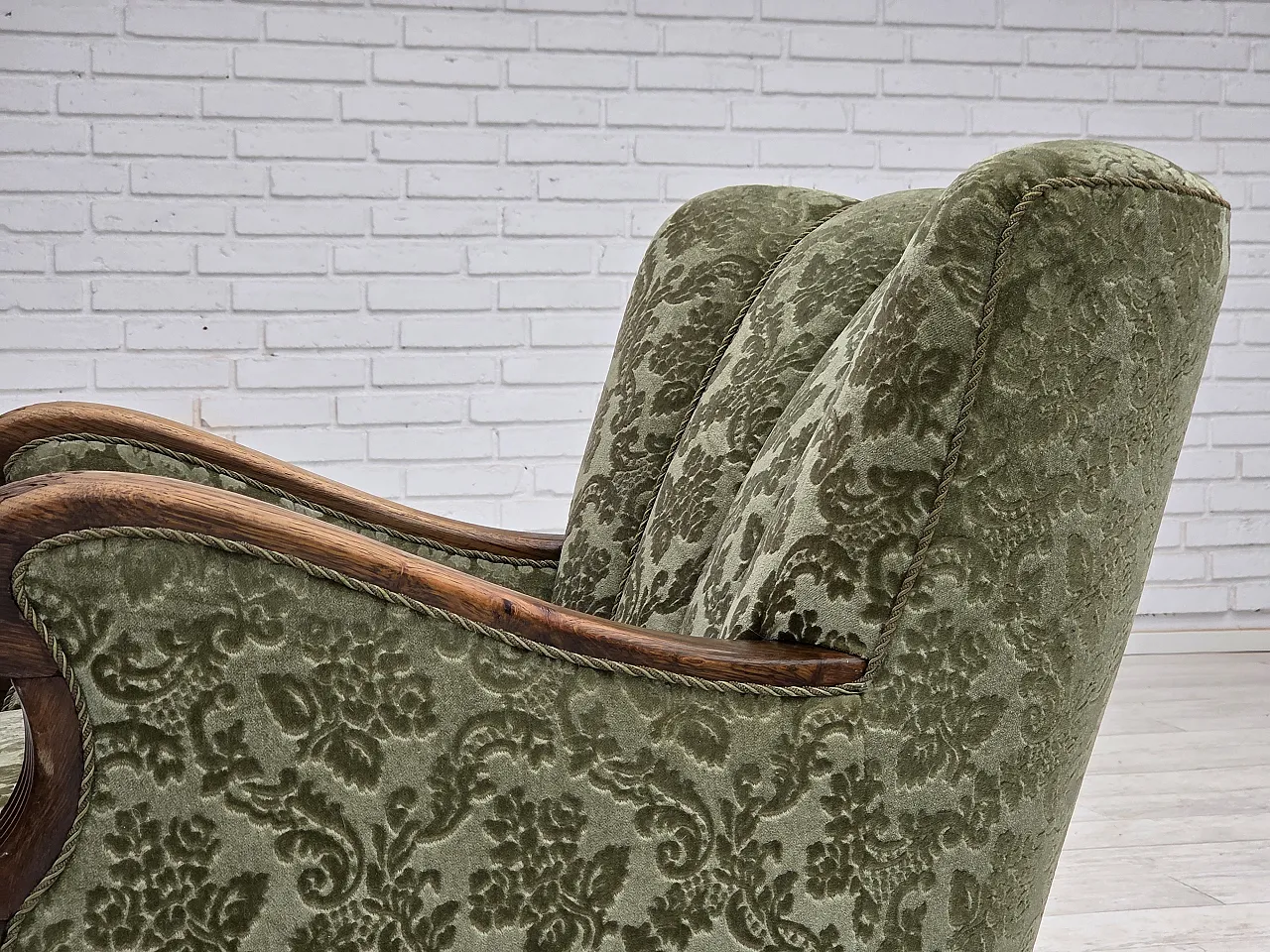 Danish armchair, green velour and oak, 60s 17