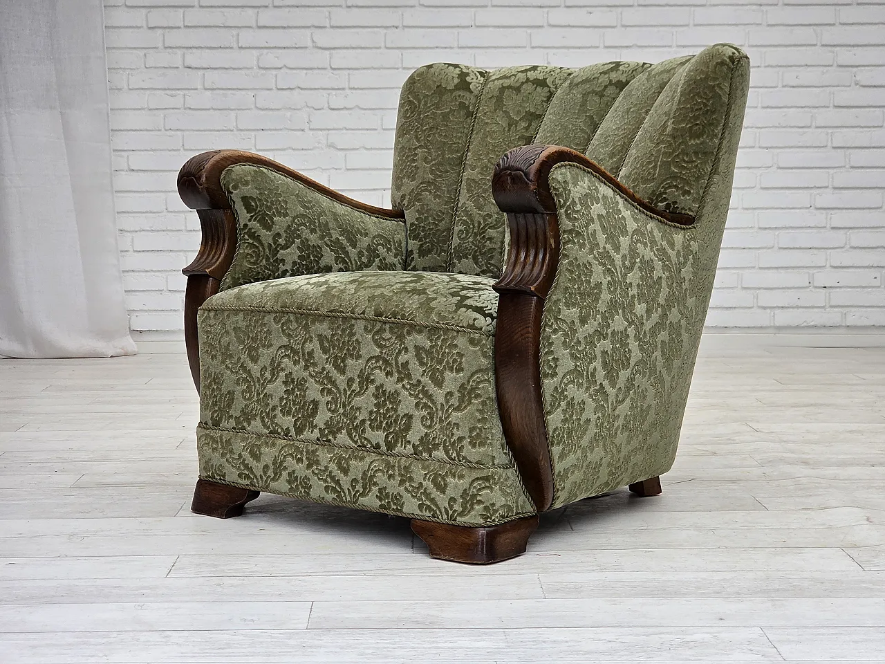 Danish armchair, green velour and oak, 60s 18