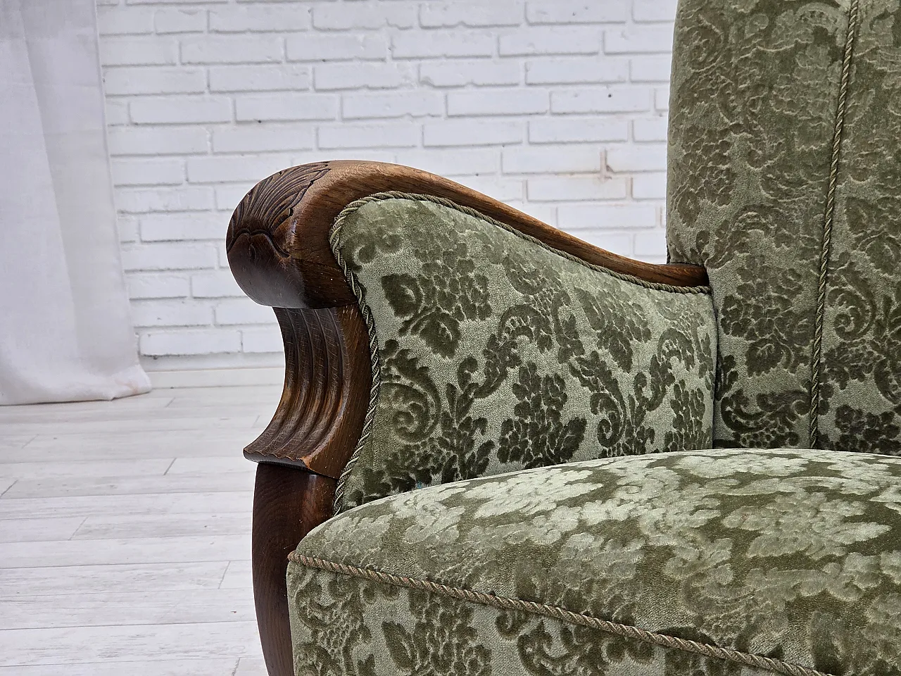 Danish armchair, green velour and oak, 60s 19