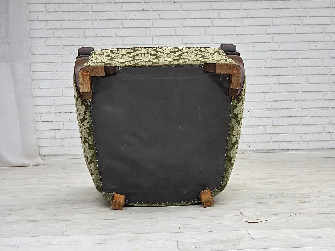 Danish armchair, green velour and oak, 60s 20