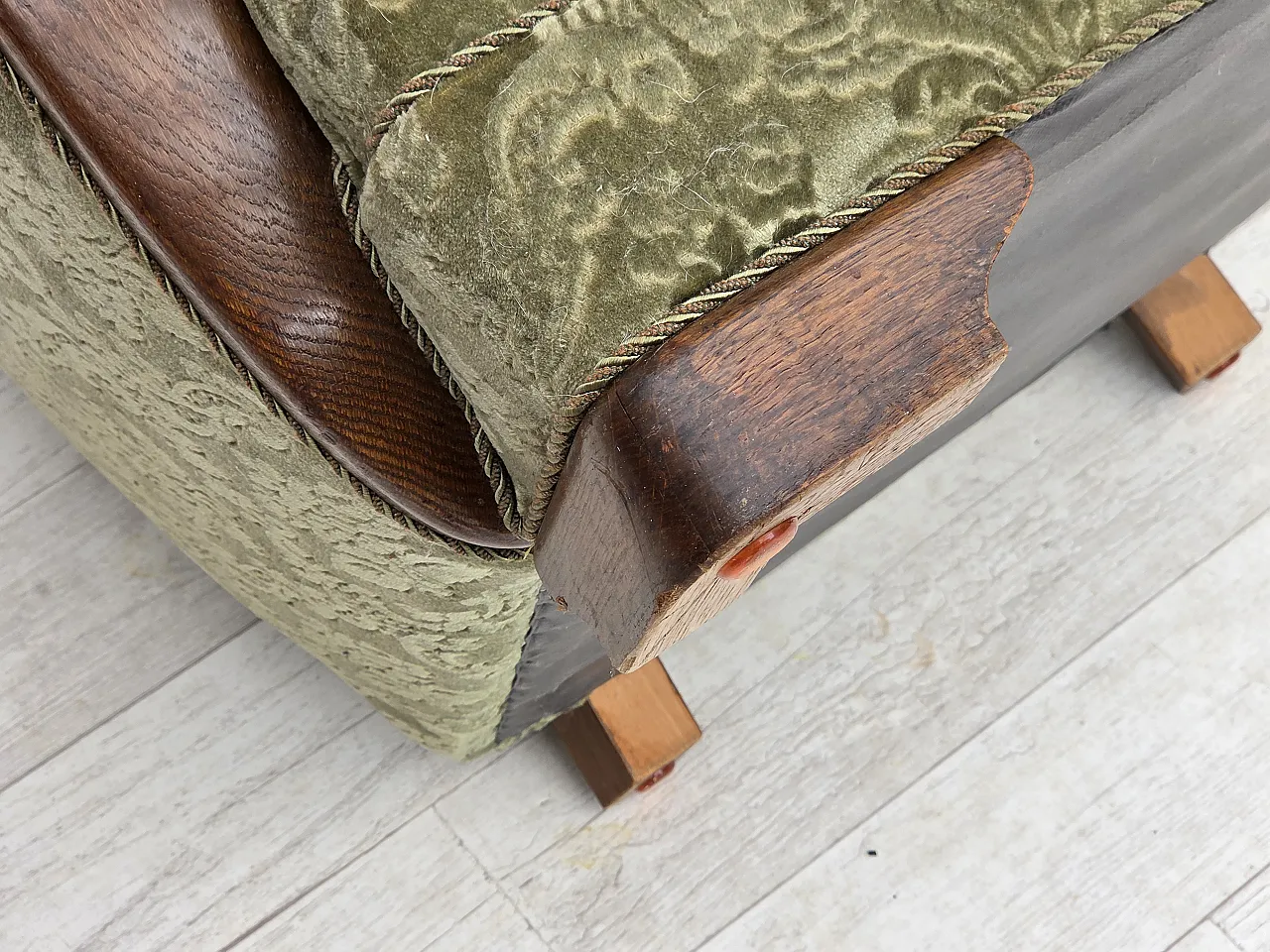 Danish armchair, green velour and oak, 60s 21