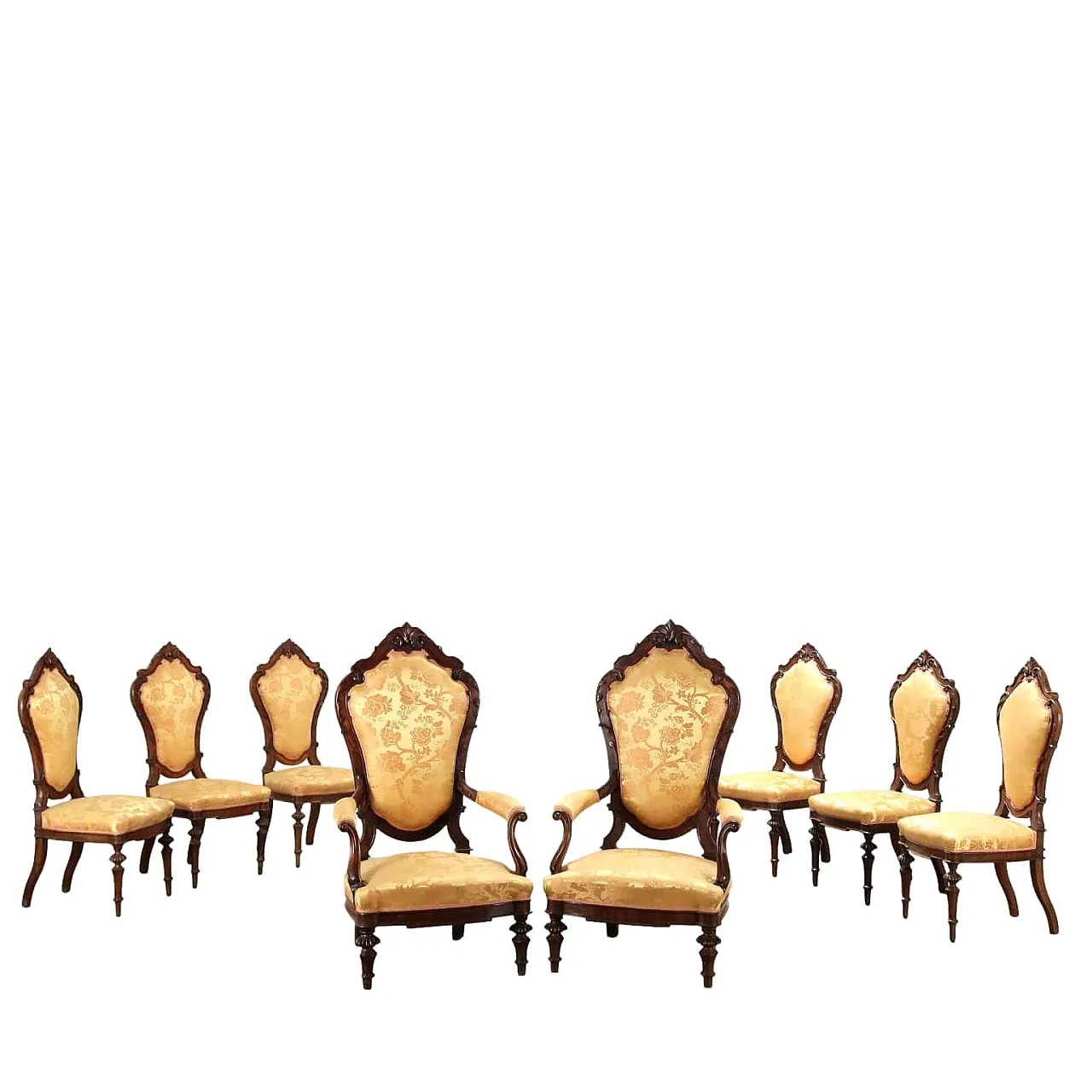 6 chairs and 2 armchairs Umbertino in walnut and fabric, 19th century 1