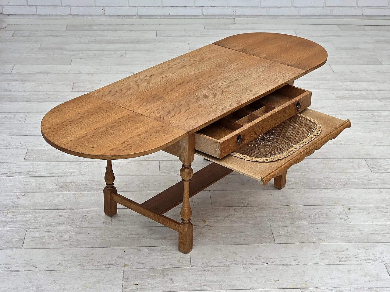 Danish foldable coffee table oak and rattan, 1970s 7