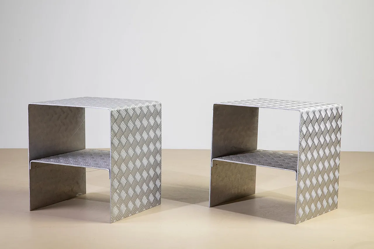 Pair of bedside tables in curved and diamond-cut steel, 1990s 6
