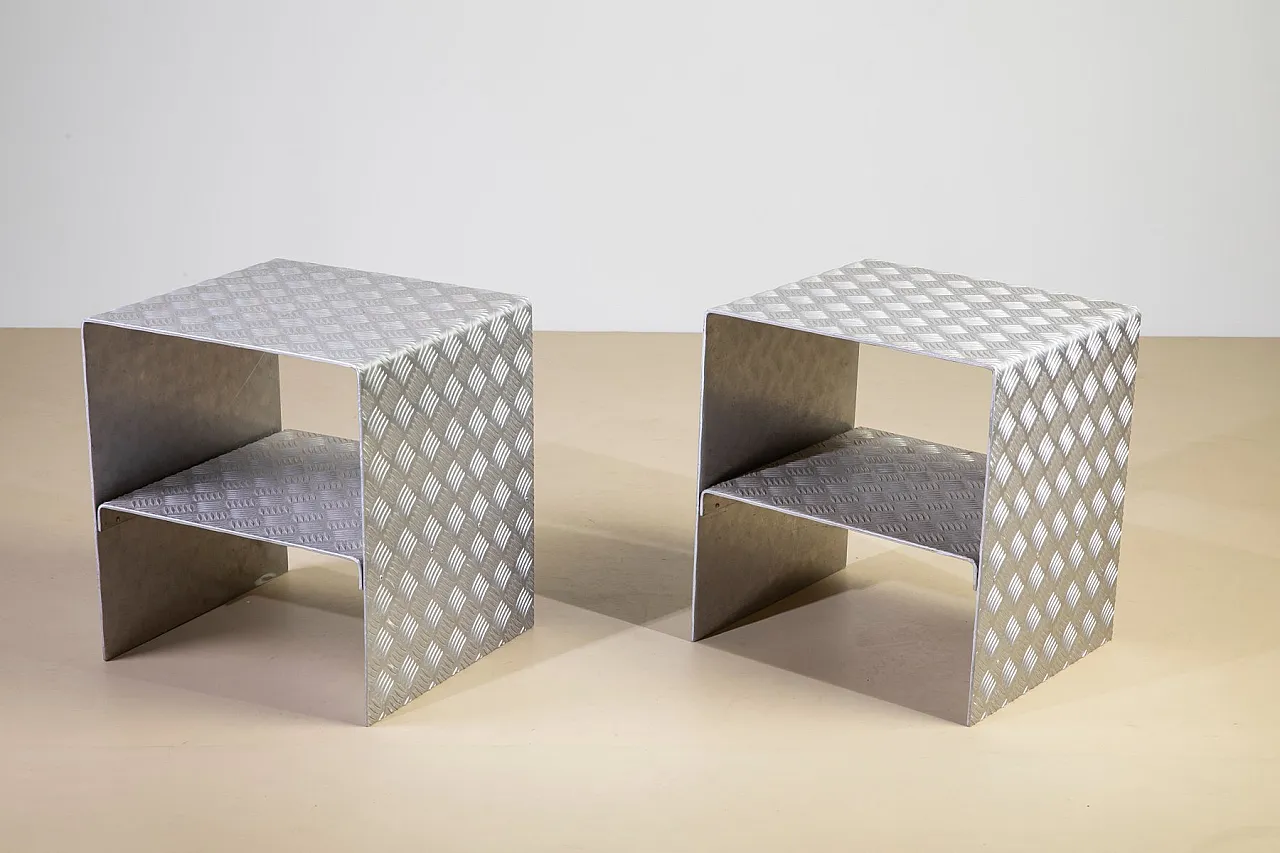 Pair of bedside tables in curved and diamond-cut steel, 1990s 7