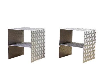 Pair of bedside tables in curved and diamond-cut steel, 1990s