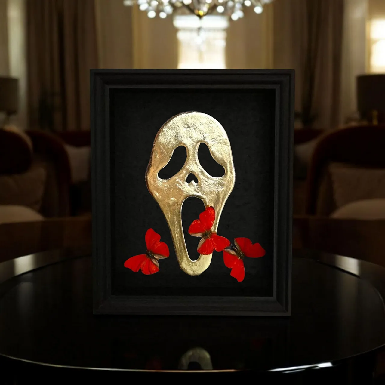 Real butterflies on 23kt gold Scream mask gilded in frame 1