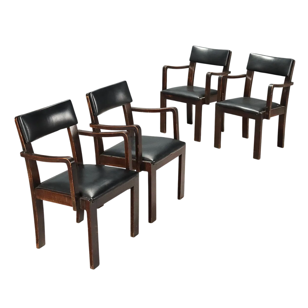 4 Sedie con braccioli in legno e pelle nera, metà '900 9